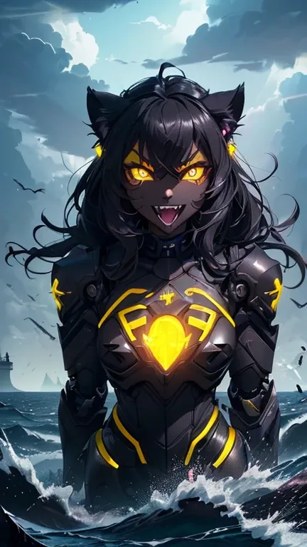 《masterpiece》, 《best quality》, 《ultra-detailed》, 

(((1girl))), cute, (((augmented cyborg))), ((((dark skin)))), ((((black fur)))), ((((glowing yellow eyes)))), ((((black exoskeleton)))), ((((black hair color)))), messy hair, (((supple body))), (((scorchin...