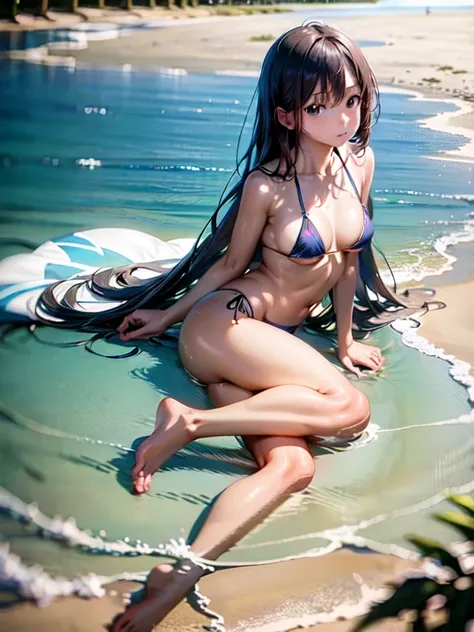 masterpiece , best quality , ultra detailed ,   beautiful Japan tiny bikini teenage girl  ,  breast:1.2 , only bikini , summer , long black hair  , in beach , pov