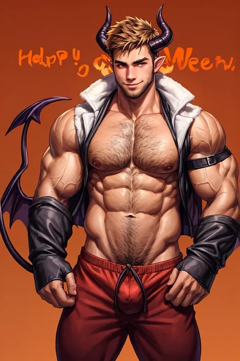 1boy, a hairy muscular guy wearing a devil halloween costume, pecs, devil horns, devil tail, (college frat party background),