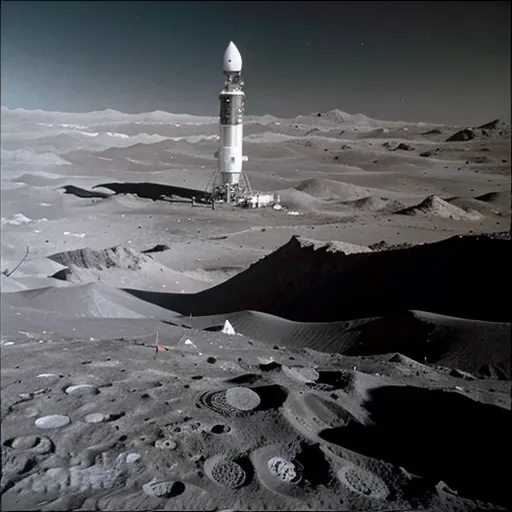 a lunar landscape with a rocket taking off