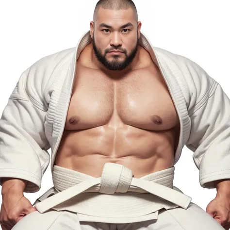 fat face, (judo uniform:1.4), (inside judo hall:1.2), Japanese man, Chinese man, Korean man, Taiwanese man, manly face, (round face:1.4), (monolid eyes:1.2), (buzz cut:1.4), very large and strong body, bulging muscles, very large pectoral muscles, muscular...