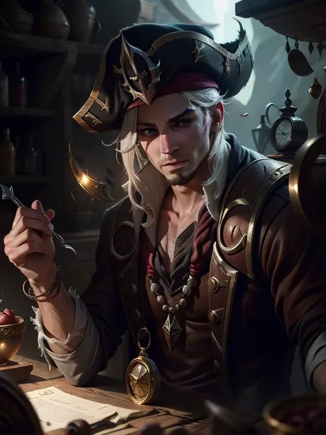 (best quality,highres:1.2),ultra-detailed,realistic:1.37,A young man merchant ship captain,detailed,pirates of the Caribbean world,splash art,league of legends style,card game,highly detailed face,Dark short hair,DND style. 