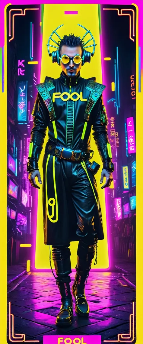 Tarot cards, Fool, crazy cyberpunk style, crazy man with many cybenetics and futuristic outfits, crazy look, crazy eyes, mysterious with neons and holographic colors, vibrant colors, Yellow card border, the word FOOL inscription detailed, 8k