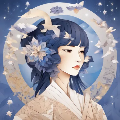 Beautiful girls, huge moon, mysterious shimmering and intricate ancient pattern illustrations, anime style, watercolor, fantastic, moonlight, night sky, space colors, hair in one knot bun, face sparkling with anticipation.