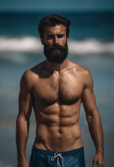 Generate me a handsome beard full body thin hairy chest shirtless blue underwear beach 