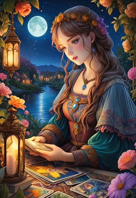 Tarot Cards, aesthetic, a girl reading tarot cards,smiling girl,beautiful detailed eyes,detailed lips,tarot cards,ancient tarot deck,illustrated tarot cards,vibrant colors,mystical atmosphere,magical garden,flowers blooming,moonlight,night sky,soft glow,ar...