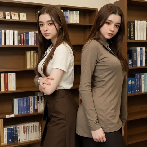 tarankaaa, 1girl brown hair, wearing sch00l uniform, library in background, a bookshelf in background