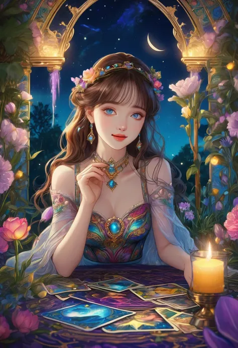 Tarot Cards, aesthetic, a girl reading tarot cards,smiling girl,beautiful detailed eyes,detailed lips,tarot cards,ancient tarot deck,illustrated tarot cards,vibrant colors,mystical atmosphere,magical garden,flowers blooming,moonlight,night sky,soft glow,ar...