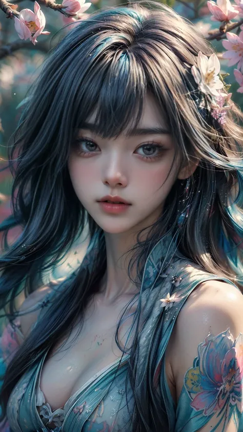 (best quality),(masterpiece:1.2), (colorful:0.9), (ink splashing),(color splashing),((watercolor)), clear sharp focus, model shot,, (portrait goddess of spring:1.5), cute expression,elegant blue colored hair, beautyfull detailed face and eyes, elegant godd...