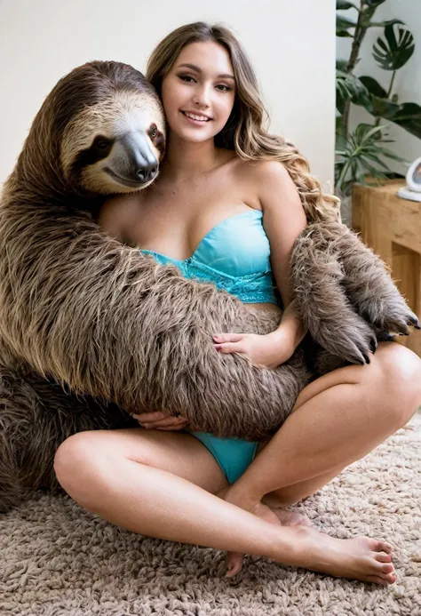 Large massive stuffed animal giant sloth monster carries topless beautiful thong teen porn star girl in his arms embrace sitting on his lap cuddling 