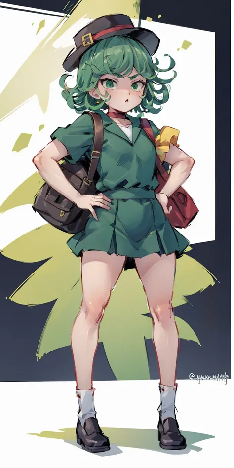 ((black background)) Tatsumaki kneel on WHITE sheet, short bob hair green hair, GREEN EYES, kindergarten_uniform,yellow hat,red school bag, leather choker collar slave , (hands on hips, clenching fist 👊 ✊️)