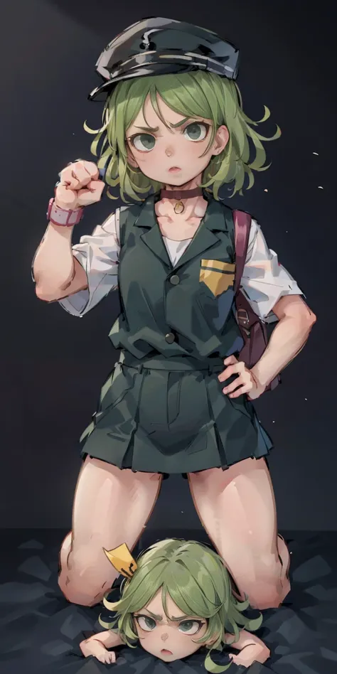 ((black background)) Tatsumaki kneel on WHITE sheet, short bob hair green hair, GREEN EYES, kindergarten_uniform,yellow hat,red school bag, leather choker collar slave , (hands on hips, clenching fist 👊 ✊️)