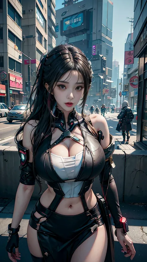  anime girl with big breast posing in the middle of a city, oppai cyberpunk, trending on cgstation, realistic anime 3 d style, seductive anime girl, cyberpunk anime girl, 3 d anime realistic, smooth anime cg art, cyberpunk 2 0 y. o model girl, female cyber...