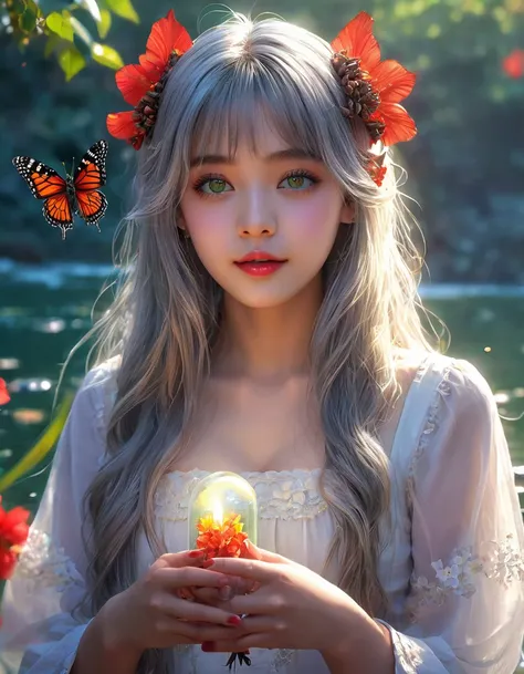 (masterpiece), (best quality), illustration, ultra detailed, hdr, Depth of field, (colorful),[Xnkzzmcz],[iumu],green eyes, 1girl, long hair, solo, flower, hair ornament, looking at viewer, very long hair, butterfly, sitting, hair flower, lantern, bug, wate...