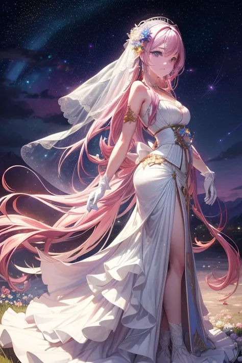 Colorful star trails floating white feathers),purple,(((((masterpiece))))),(((((high resolution))))),alone,(hair open),((flowing hair)),pink hair,blue_Eye,Everlasting,Busty beauty details skirt, flower patterns on clothes,White dres wearing gloves,ribbon,h...