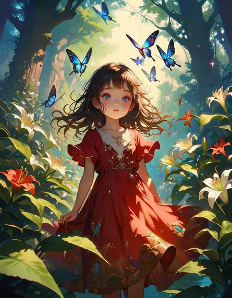 wide angle shot, (best quality, ultra-detailed, realistic:1.37), vivid colors, soft lighting, enchanting scene, Lily, 10year old, dark-haired girl, red dress, magical tree, blooming flowers, sparkles, whimsical atmosphere, dreamy setting, joyful expression...