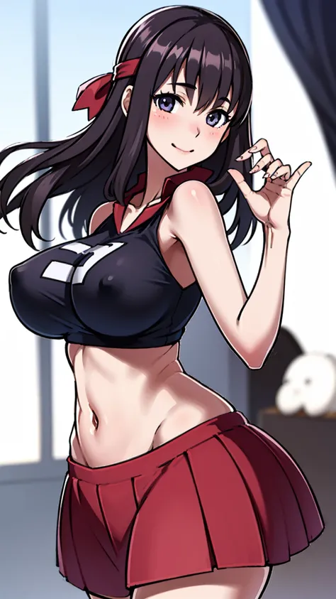 best quality, masterpiece, ultra-detailed, 
1girl, solo, kondou taeko, looking at viewer, smile, 
red headband, volleyball uniform, sportswear, huge breasts, sleeveless, 