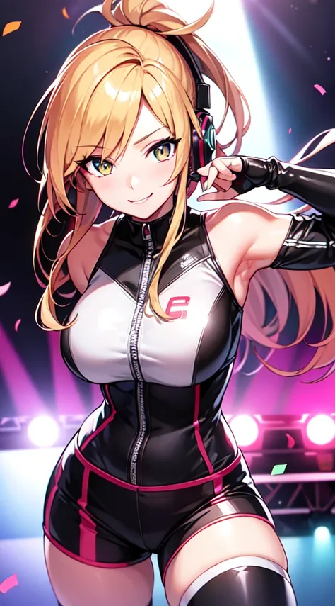 anime girl,short mini red  jumpsuit, unzip to belly, headphones,DJ turntable set,club lighting,stage,confetti,dancing,smiling,(best quality:1.2),(ultra-detailed:1.2),(realistic:1.37),HDR,vivid colors,portraits,shorts,headphone girl,energetic pose,colorful ...