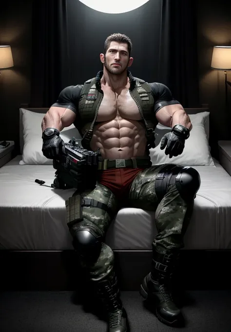 role conception (Resident Evil - chris redfield, chris redfield) wears a Handsome black and gray camouflage suit, Lying on a big bed, a soft milky white bed, with sad expression, a muscular male hero, Valiant male pose, 高大burly, muscular! Wear sunglasses, ...