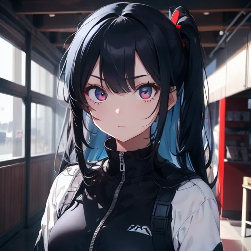 Girl, modern, cool, poker face, blue, black, cool outfit, blue and black hair, 1 red eye, 2 black eyes,White, beautiful, scary, cute,Red eye Black eye