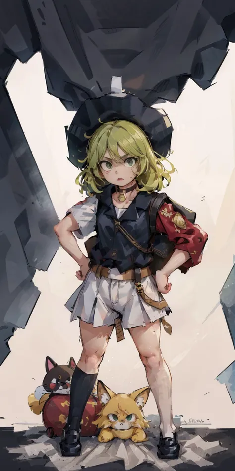 ((black background)) Tatsumaki kneel on WHITE sheet, short bob hair green hair, GREEN EYES, kindergarten_uniform,yellow hat,red school bag, leather choker collar slave , (hands on hips, clenching fist 👊 ✊️)