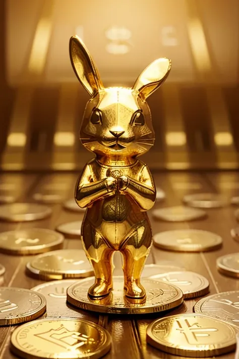 Small bunny made of gold walking on ethereum crypto currency 