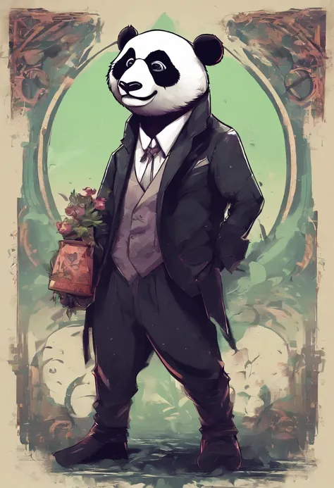 anthropomorphic panda, de cuerpo entero, vestido formalmente con un blazer, sostiene una bandeja, pegatina de panda, sticker de panda.