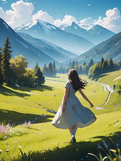 In a green meadow is a girl who leads a group of knights.
BREAK
With a brave expression, guides them to their destination.
BREAK
Behind her, A green forest extends and beyond that, Mountains rise in the distance.
BREAK
The most suitable effect for this sce...