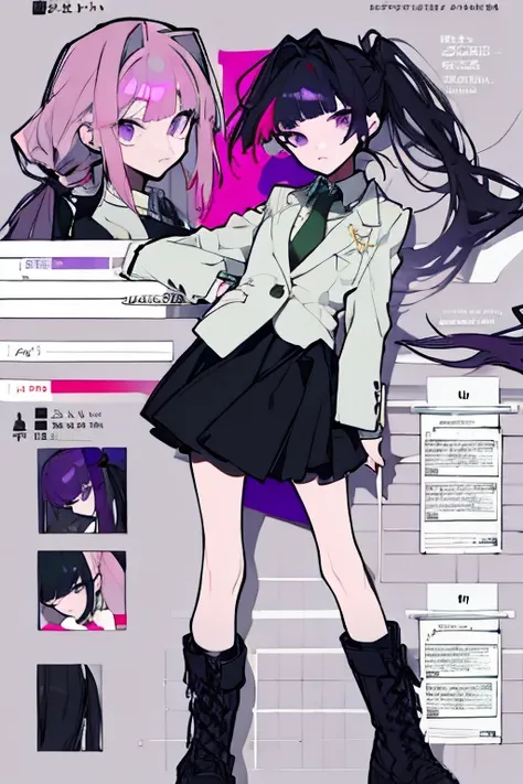 purple eyes, perfect face, pink chopped bangs with Left side long ponytail tied with a ribbon, white blazer with four bottoms with black long sleeve, lapis dark green crossover tie, and black skirt, wearing a boots with knee length stocking standing , char...