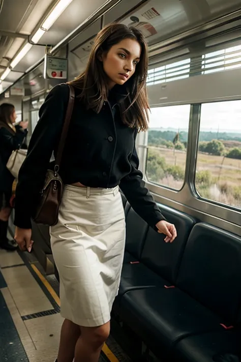 long shot woman on train moving through landscapes