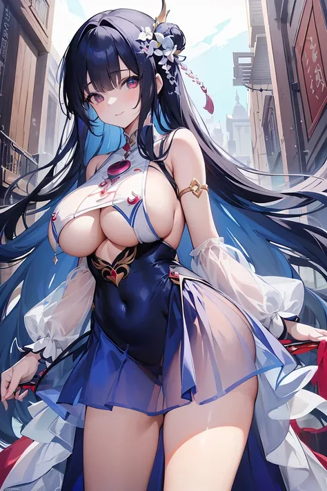 expressive eyes, (((1 girl))), ((anime)), (blue hair, long hair), ((red eyes))，(half closed eyes), ((very big breasts)), ((perky chest)),  ((My chest is about to burst))， ((exposed thighs，butt)),((goddess，Angel))((whiteいドレス，See-through)), ((big breasts，とbu...