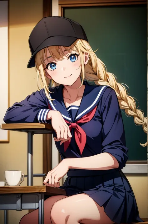 a close up of a woman in a school girl outfit sitting at a table, 1girl, watch, solo, braid, wristwatch, blue eyes, hat, blonde hair, long hair, skirt, , smile, sitting, serafuku, twin braids, looking at viewer, indoors, holding, desk, baseball cap, pleate...