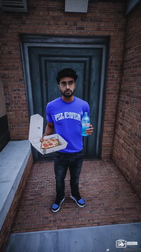 there is a man holding a pizza box and a bottle of water, pegando seus tacos e bebendo), 🥥 🍕 Comer fora, 2k aesthetic, segurando pizza, apresentando pizza, alto realismo na cara, corpo e roupa e detalhe 