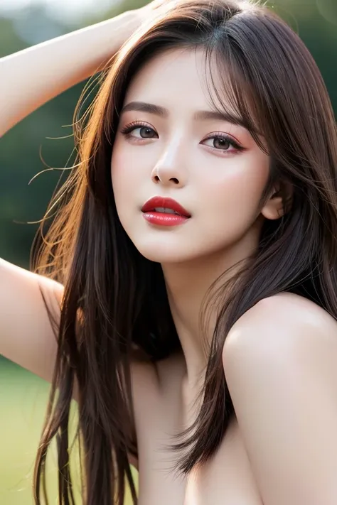 (highest quality、table top、8K、best image quality、Award-winning work)、(one young girl, 14 years old:1.3)、(red eyeshadow:1.2)、perfect makeup、long eyelashes、Super high-definition sparkling eyes、ultra high definition hair、ultra high resolution glossy lips、Supe...