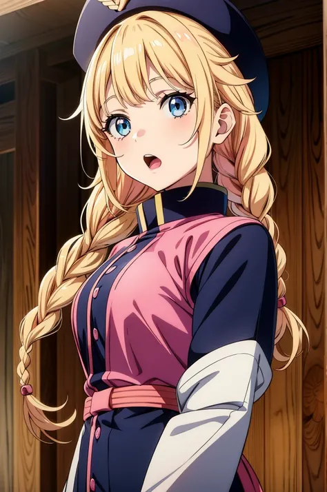 an anime anime style girl with pink hair and blue eyes wearing a hat, 1girl, solo, blonde hair, blue eyes, hair ornament, braid, open mouth, hat, jacket, wooden floor, long hair, looking at viewer, black headwear, breasts, twin braids, bangs, upper body