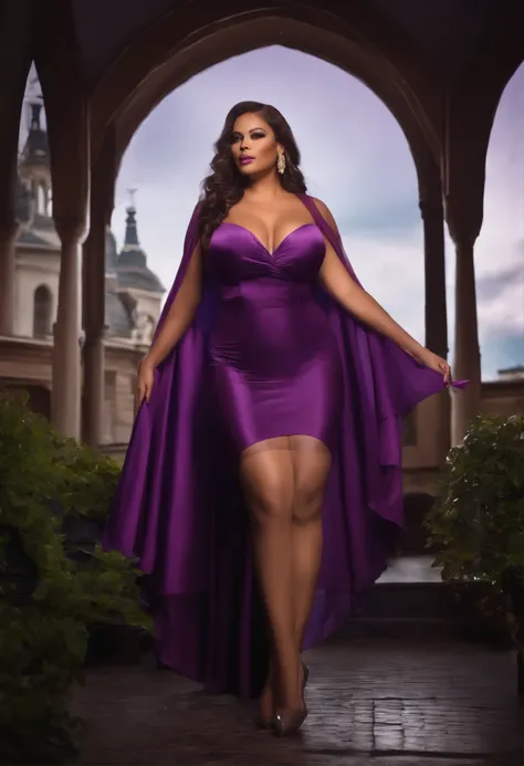 Full body view, big breasts, negleege, purple sheer cape with ribbon, nylon pantyhose, high heels, big hips, thin waist, thick thighs