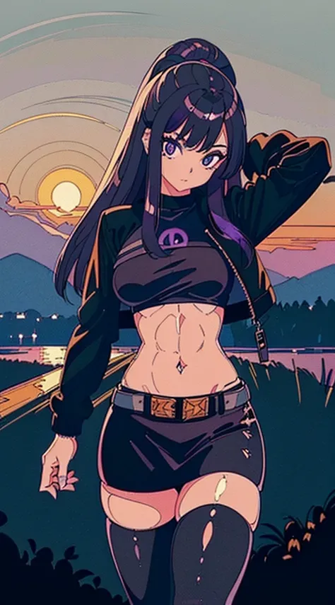 1990s, (masterpiece), high-definition, detailed face, cute girl, abs, (big tits: 1.4) big hips, round ass, (black hair with dark purple highlights: 1.4), (tight grey t-shirt: 1.4), (black jacket: 1.4), (purple tight skirt: 1.3), belt, (black thong: 1.2), t...