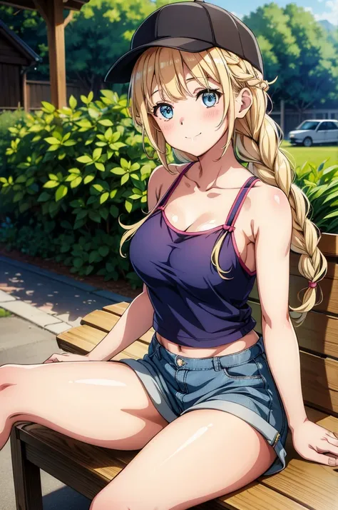 a sitting on a bench holding hands, anime style, with a girl with hair buns, 1girl, solo, breasts, long hair, blue eyes, braid, looking at viewer, hat, blonde hair, sitting, twin braids, navel, knee up, collarbone, outdoors, smile, baseball cap, day, blush...