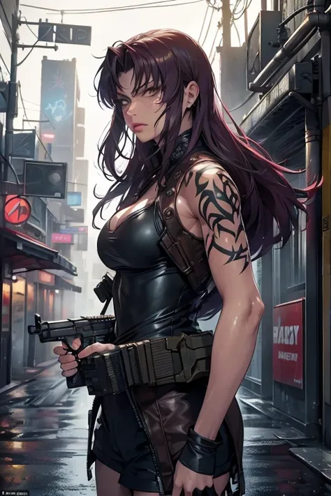 (high quality,realistic),(cyber punk,sf) ,beautiful girl, anime「black lagoon」levi of, cleavage, fair skin, long hair, machine ar...