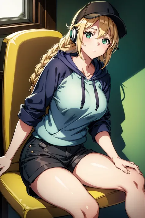 an attractive female with headphones seated at desk at computer screen with open lid, 1girl, solo, sitting, green eyes, headphones, blonde hair, shorts, breasts, braid, looking at viewer, black shorts, large breasts, hoodie, long hair, hood, chair, short s...