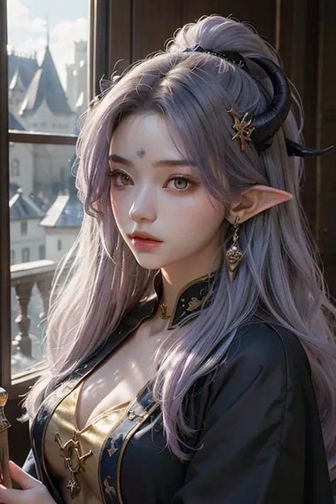 ((best quality)), ((masterpiece)), (detailed), perfect face、black ragon&#39;s horned head、light blue robe、woman、light purple hair、side parted long hair、straight hair、inside the castle、sharp eyes、yellow eyes、big magic wand、Headdress on forehead、pointed ears...