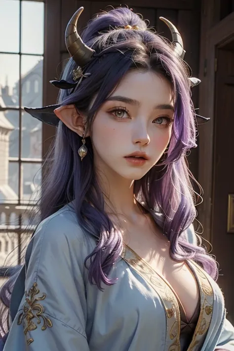 ((best quality)), ((masterpiece)), (detailed), perfect face、black ragon&#39;s horned head、light blue robe、woman、light purple hair、side parted long hair、straight hair、inside the castle、sharp eyes、yellow eyes、big magic wand、Headdress on forehead、pointed ears...