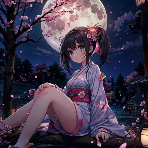 (masterpiece), best quality, 1girl, solo, a girl wearing pink kimono laying down on top of a tree with cherry blossoms at night, raise her head, 1girl, solo, black hair, twintails, japanese clothes,kimono, obi, sash, geta, okobo, sitting, sitting in tree, ...