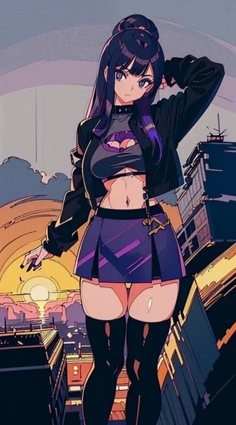 1990s, (masterpiece), high-definition, detailed face, cute girl, abs, (big tits: 1.4) big hips, round ass, (black hair with dark purple highlights: 1.4), (tight grey t-shirt: 1.4), (black jacket: 1.4), (purple tight skirt: 1.3), belt, (black thong: 1.2), t...