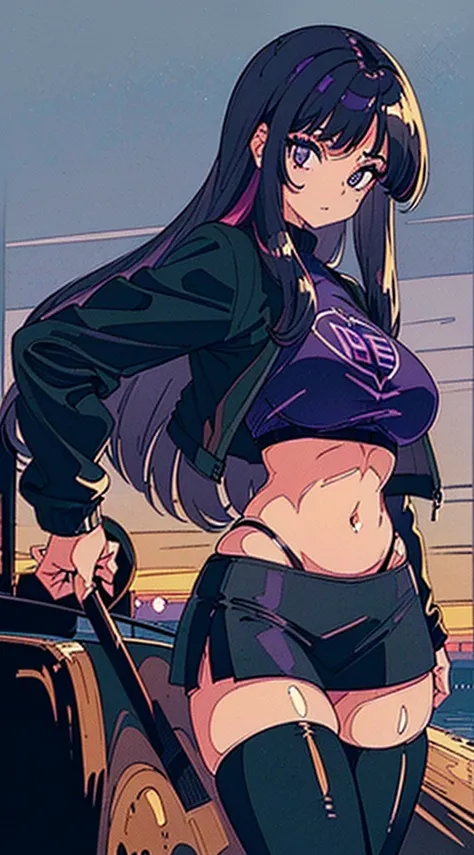 1990s, (masterpiece), high-definition, detailed face, cute girl, abs, (big tits: 1.4) big hips, round ass, (black hair with dark purple highlights: 1.4), (tight grey t-shirt: 1.4), (black jacket: 1.4), (purple tight skirt: 1.3), belt, (black thong: 1.2), t...