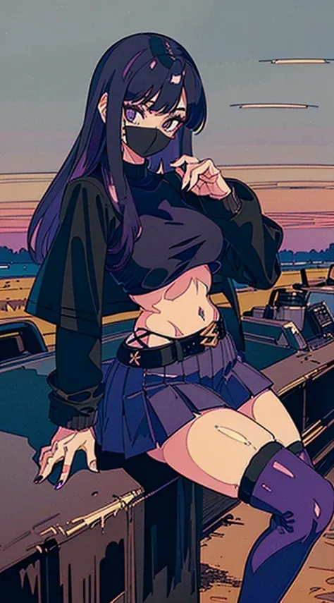 1990s, (masterpiece), high-definition, detailed face, cute girl, abs, (big tits: 1.4) big hips, round ass, (black hair with dark purple highlights: 1.4), (tight grey t-shirt: 1.4), (black jacket: 1.4), (purple tight skirt: 1.3), belt, (black thong: 1.2), t...