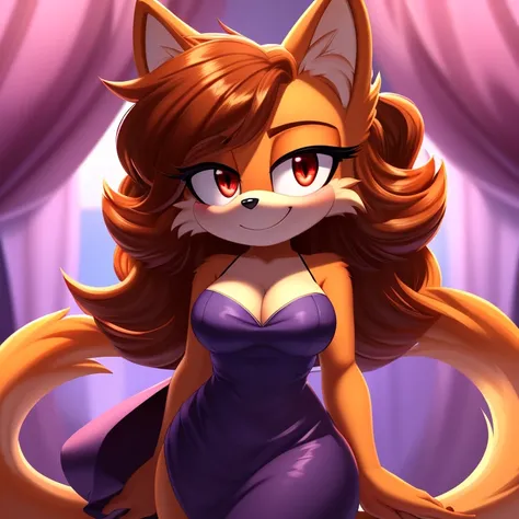 mobian, hedgehog, two-tone fur ((orange fur, brown fur)), (short dress, slit dress, strapless dress), cleavage, two-tone hair (brown hair, black tip)), curly hair, halo, sunglasses, jewelry, red eyes, longeyelashes, red eyes, smile, shy, blush, high detail...