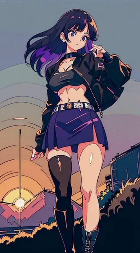 1990s, (masterpiece), high-definition, detailed face, cute girl, abs, (big tits: 1.4) big hips, round ass, (black hair with dark purple highlights: 1.4), (tight grey t-shirt: 1.4), (black jacket: 1.4), (purple tight skirt: 1.3), belt, (black thong: 1.2), t...