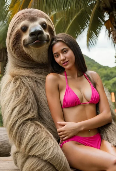 Large massive stuffed animal giant sloth monster carries topless beautiful bikini  teen girl in his arms embrace sitting on his lap cuddling 