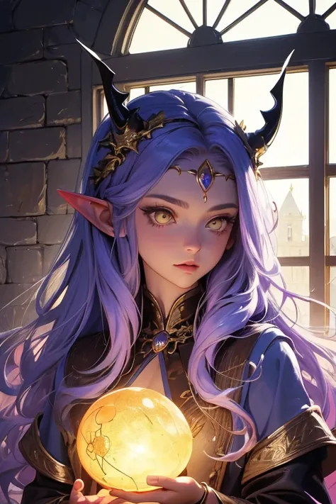 ((best quality)), ((masterpiece)), (detailed), perfect face、The horned head of a dark dragon、light blue robe、woman、light purple hair、side parted long hair、straight hair、inside the castle、sharp eyes、yellow eyes、big magic wand、Headdress on forehead、pointed e...